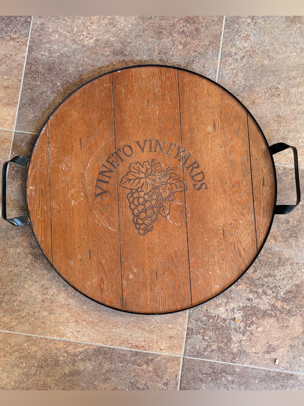 Vinetto Vineyards Round Wooden Serving Tray with Handles - Brown